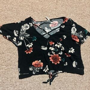 Black floral crop top with tie in front